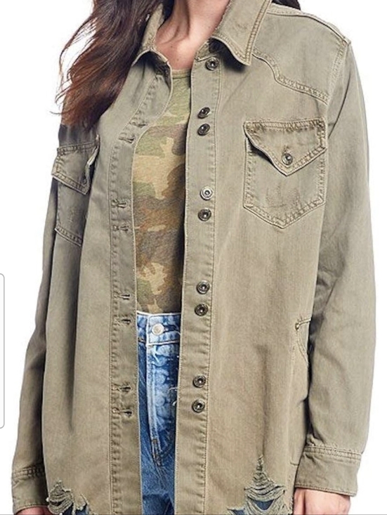 Free People Jackets & Blazers - Free People Olive Green Utility Jacket with Distressed Hem Size Small